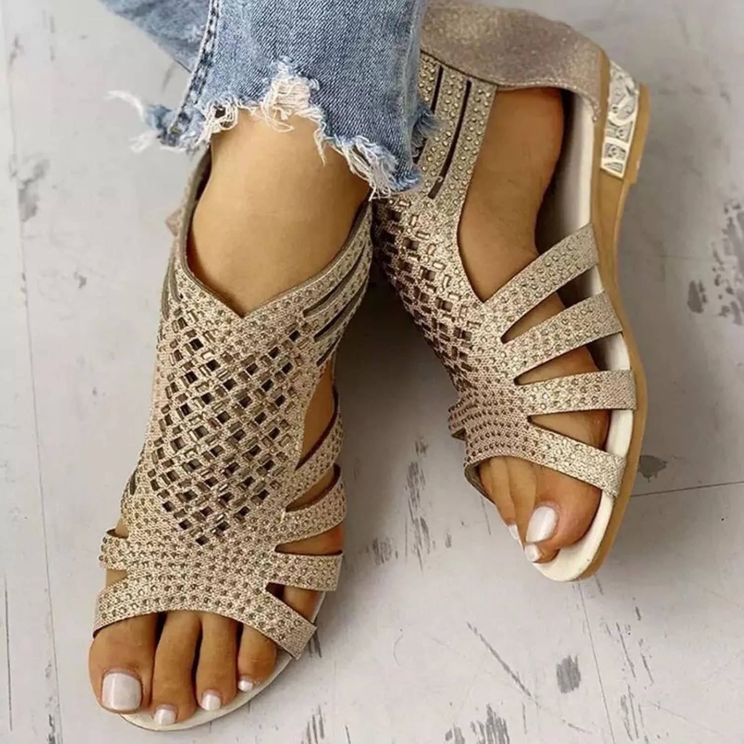Women's Sandal Comfortable Gladiator Sandals Open Toe Shiny Rhinestone Bling Jeweled Shoes Back Zipper Low Wedge Walking Shoes Casual & Dressy Summer Shoe