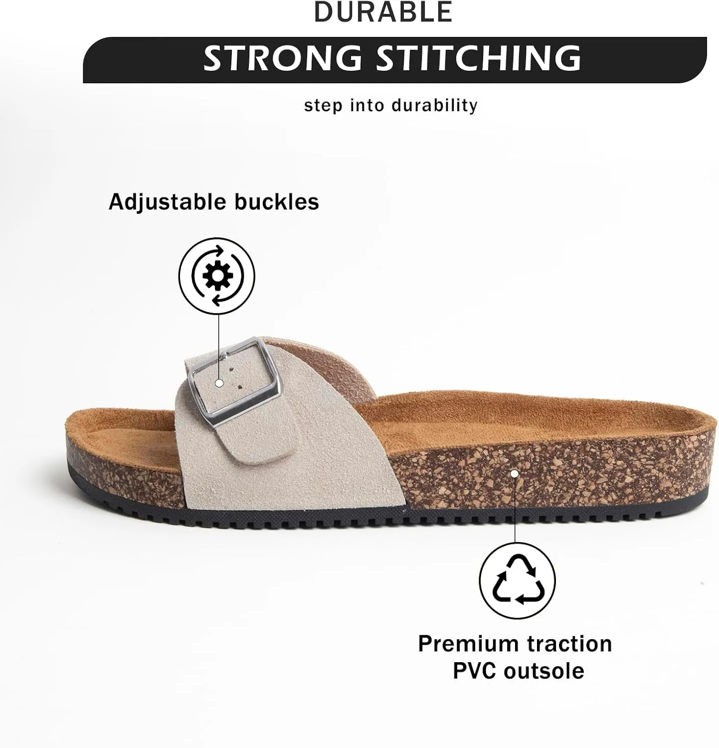 Women's Sandals Comfortable, Skin-Friendly Suede Upper with Adjustable Strap Buckle Open-Toe Cloud Single-Buckle Sandals - Cork Footbed Sandals - Women's Footwear