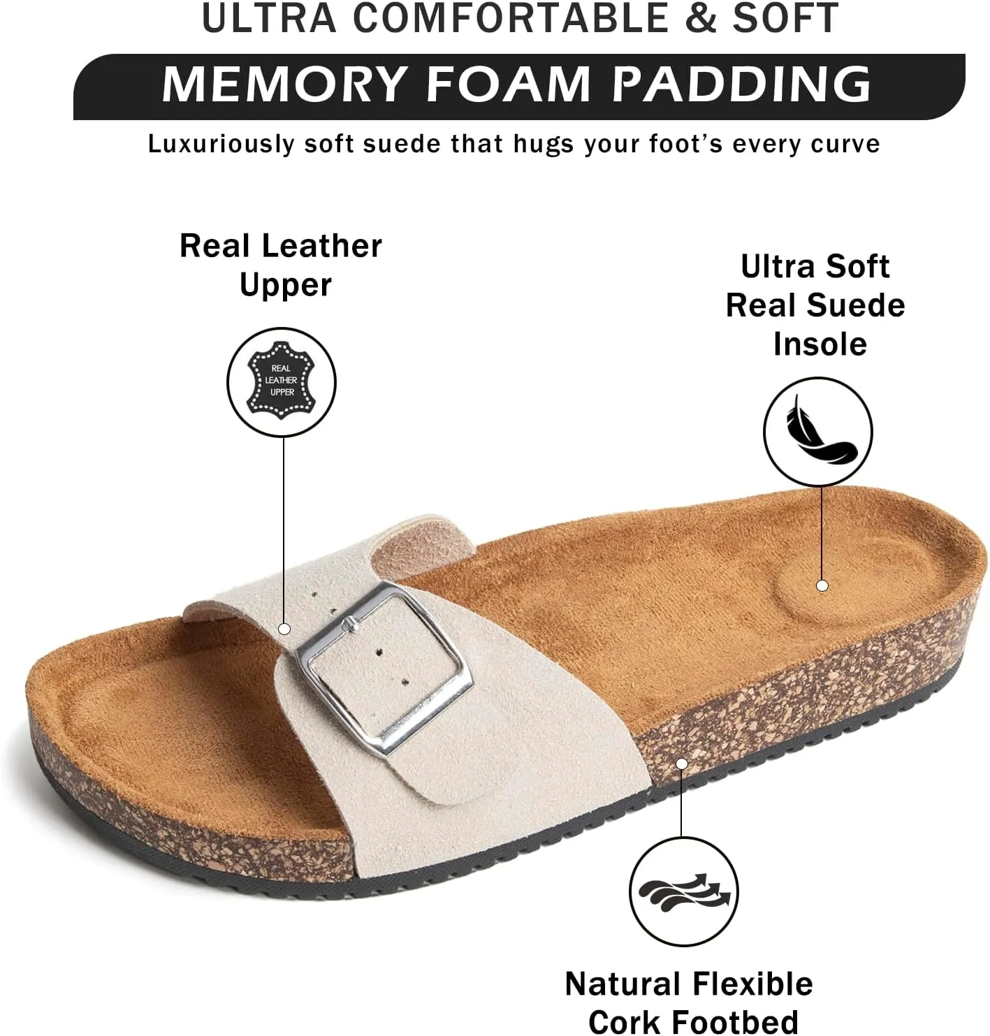 Women's Sandals Comfortable, Skin-Friendly Suede Upper with Adjustable Strap Buckle Open-Toe Cloud Single-Buckle Sandals - Cork Footbed Sandals - Women's Footwear