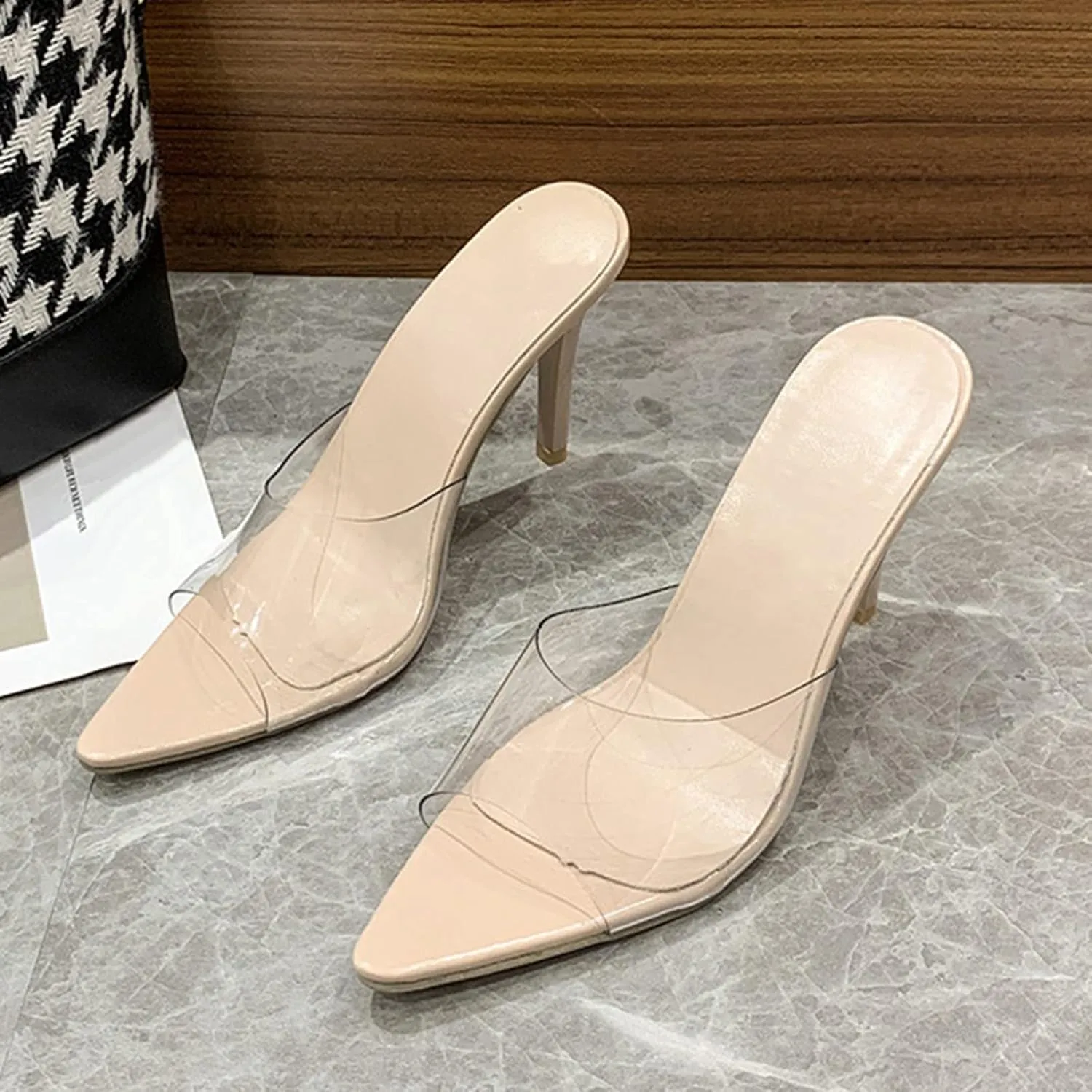 Women's Sandals Transparent Stiletto Heels Open Toe Mules Slip On Wedding Bridal Dress Shoes High Heel Sandals