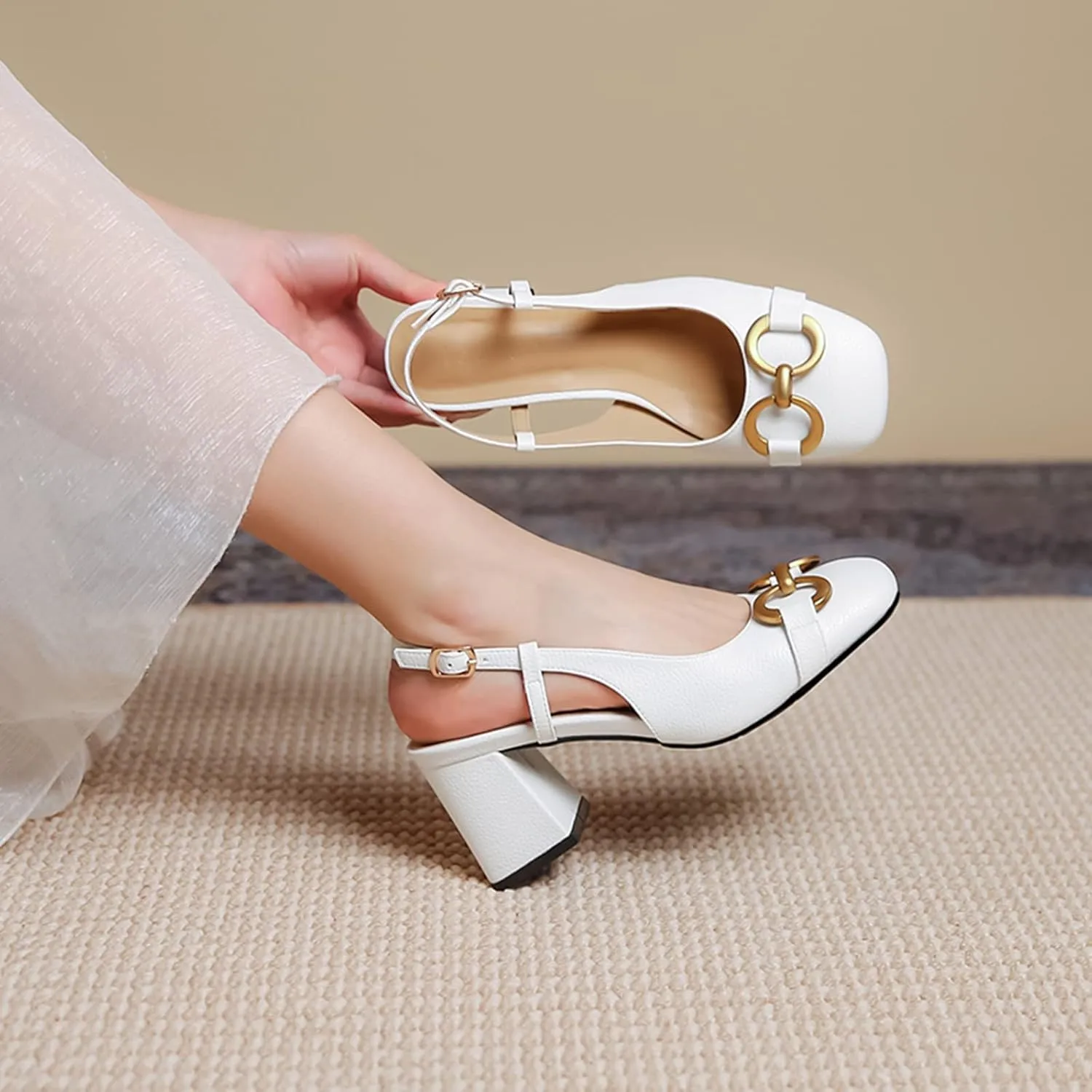 Women's Slingback Square Toe Chunky High Heels Sandals Ankle Buckle Dress Summer Pumps