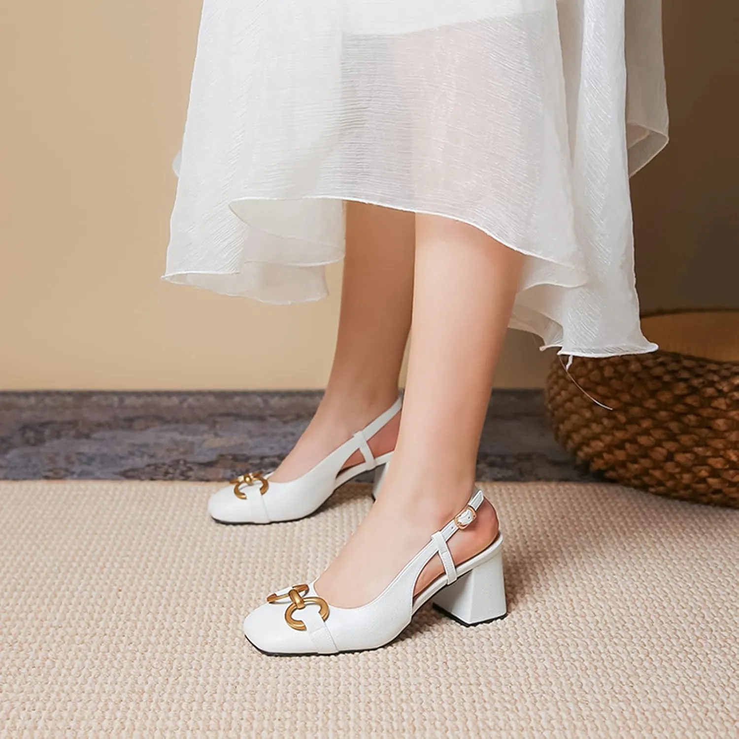 Women's Slingback Square Toe Chunky High Heels Sandals Ankle Buckle Dress Summer Pumps
