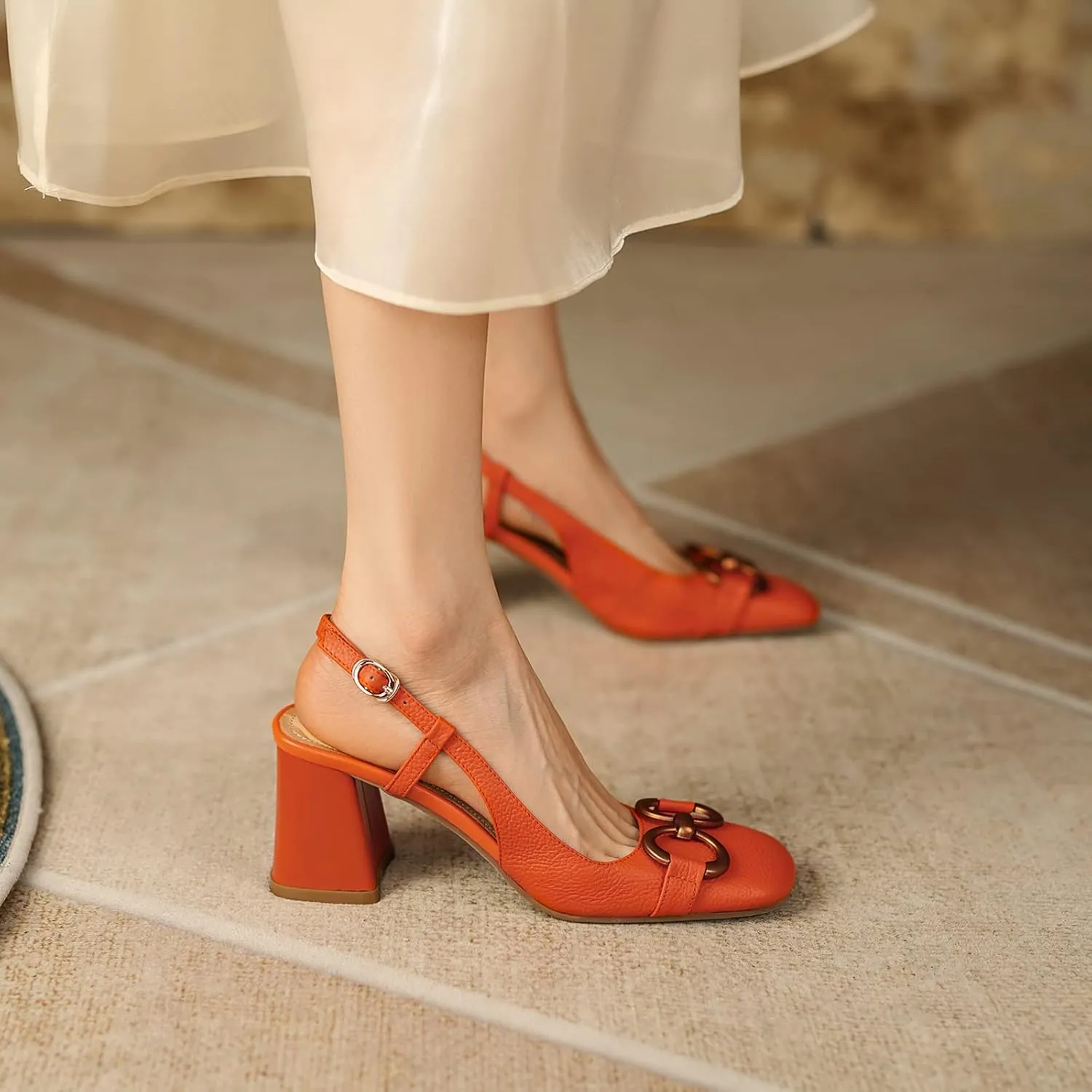 Women's Slingback Square Toe Chunky High Heels Sandals Ankle Buckle Dress Summer Pumps