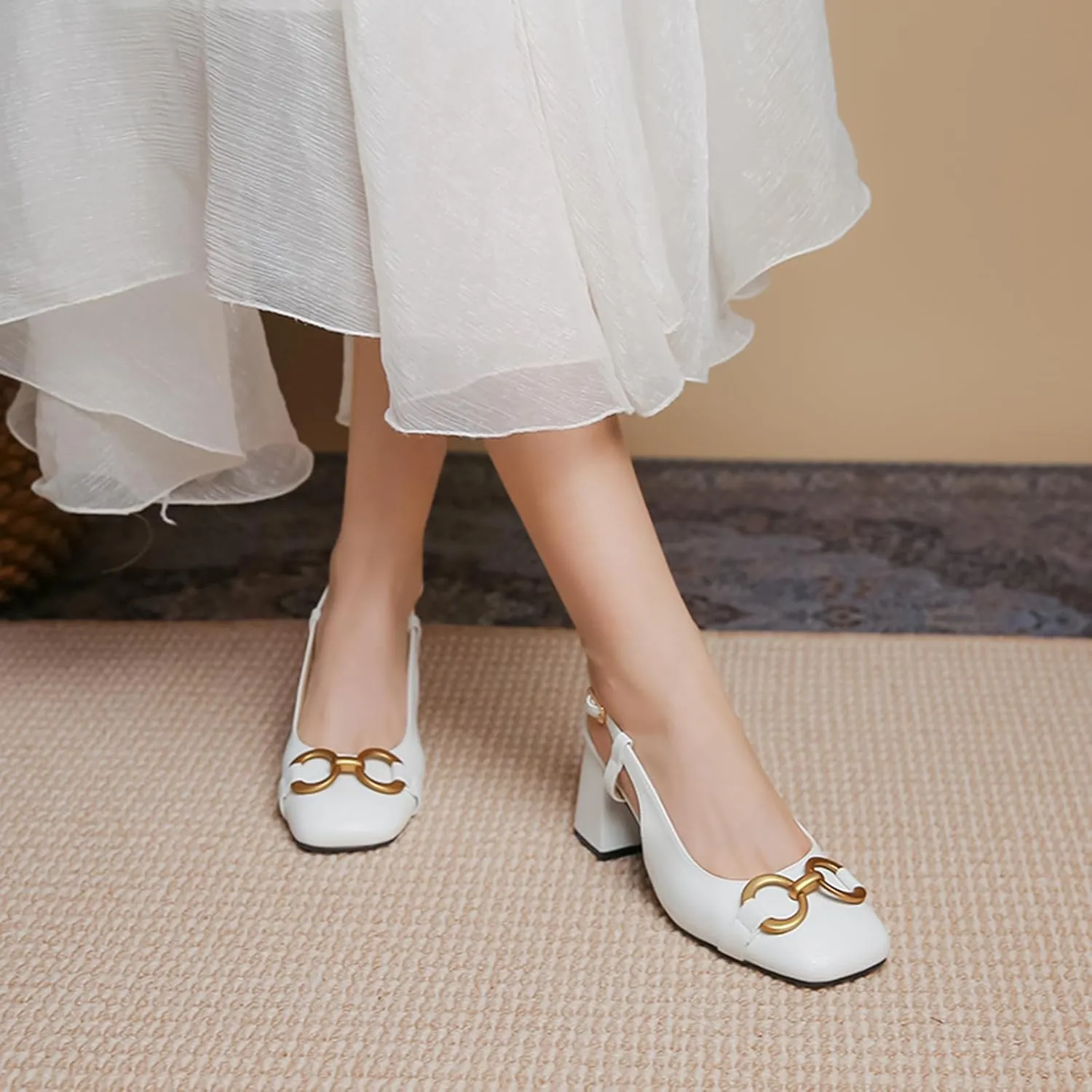 Women's Slingback Square Toe Chunky High Heels Sandals Ankle Buckle Dress Summer Pumps
