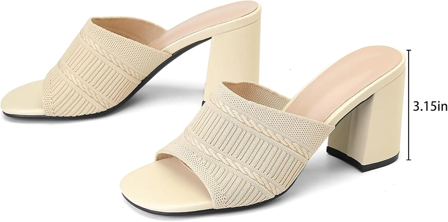 Women's Square Open Toe Heels Sandals, Mules Chunky Block Low Heel Comfortable Casual Dress Slip On Slides Shoes