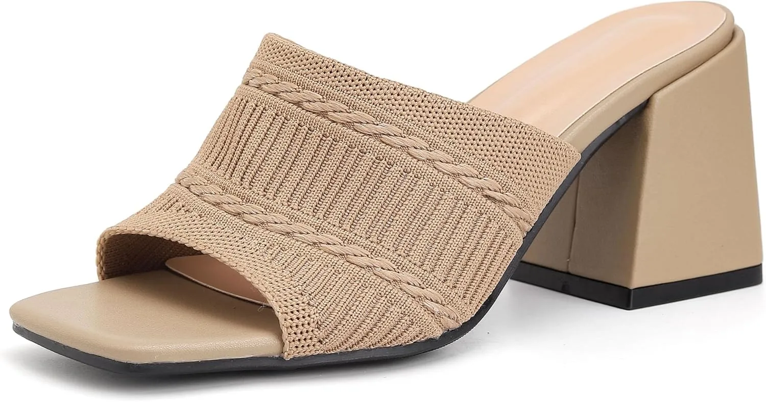 Women's Square Open Toe Heels Sandals, Mules Chunky Block Low Heel Comfortable Casual Dress Slip On Slides Shoes