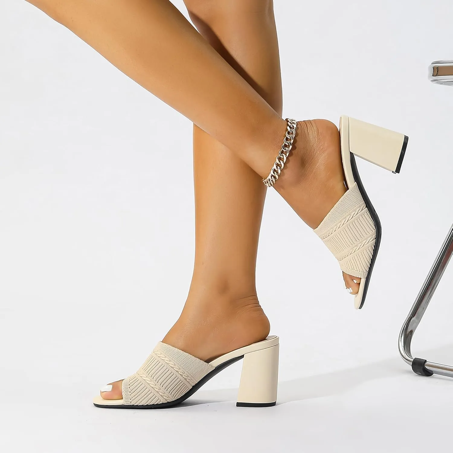 Women's Square Open Toe Heels Sandals, Mules Chunky Block Low Heel Comfortable Casual Dress Slip On Slides Shoes