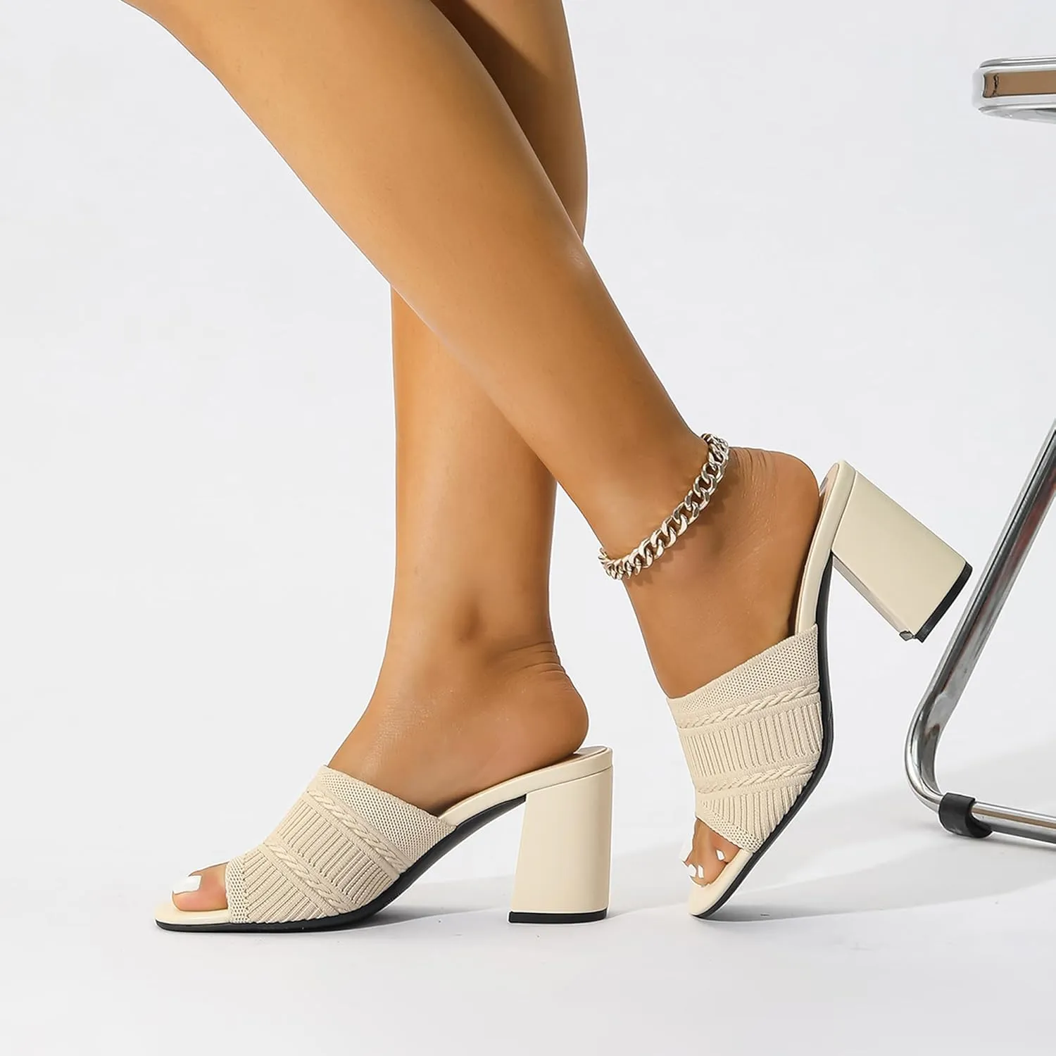 Women's Square Open Toe Heels Sandals, Mules Chunky Block Low Heel Comfortable Casual Dress Slip On Slides Shoes
