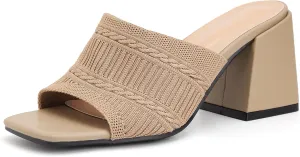 Women's Square Open Toe Heels Sandals, Mules Chunky Block Low Heel Comfortable Casual Dress Slip On Slides Shoes