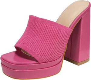 Women's Stretch Knitted Platform Chunky Heels Sexy Sandals Fashion Square Open Toe Block High Heeled Slip-On Y2K Slippers Summer Comfortable Slip On Party Dress Pump Mules Shoes