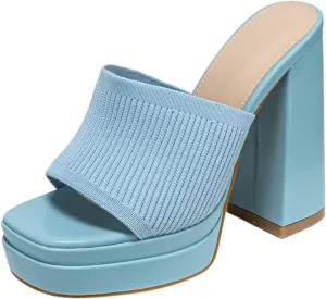 Women's Stretch Knitted Platform Chunky Heels Sexy Sandals Fashion Square Open Toe Block High Heeled Slip-On Y2K Slippers Summer Comfortable Slip On Party Dress Pump Mules Shoes