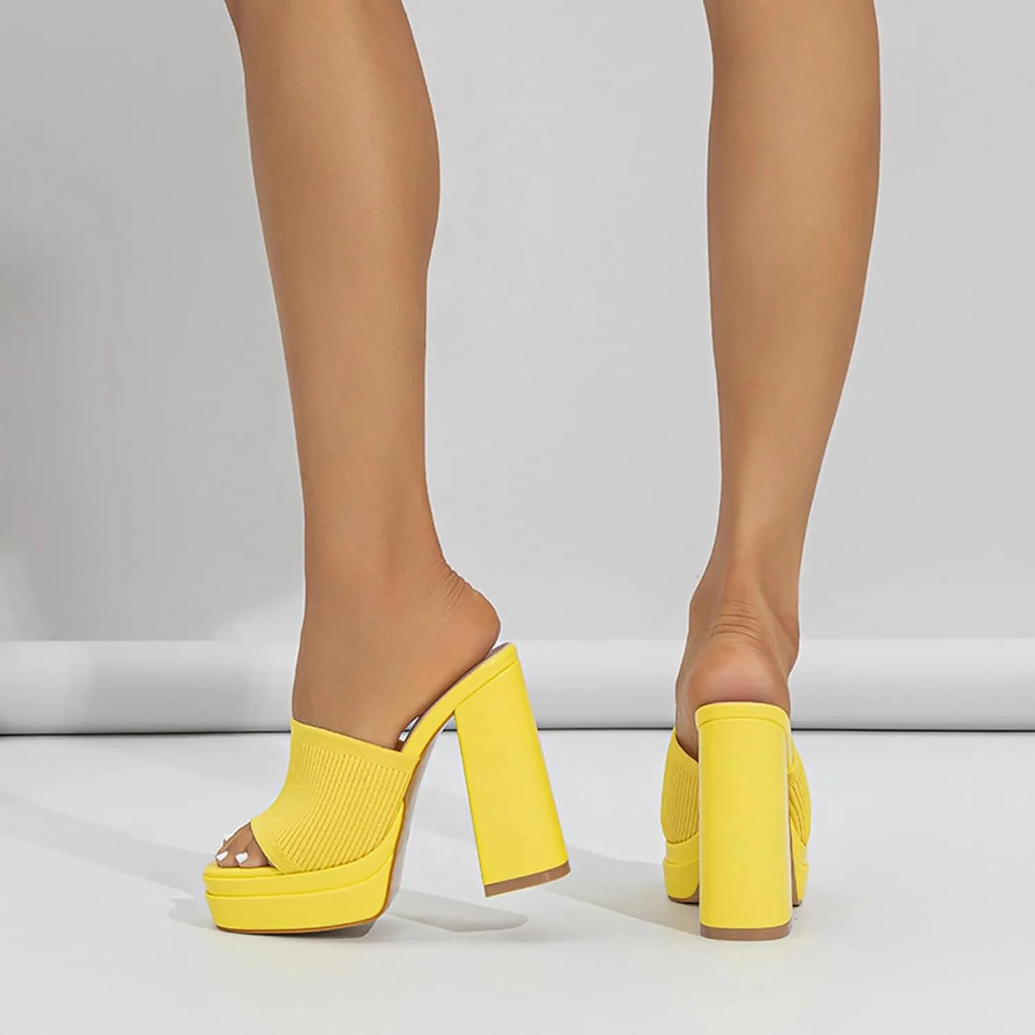Women's Stretch Knitted Platform Chunky Heels Sexy Sandals Fashion Square Open Toe Block High Heeled Slip-On Y2K Slippers Summer Comfortable Slip On Party Dress Pump Mules Shoes