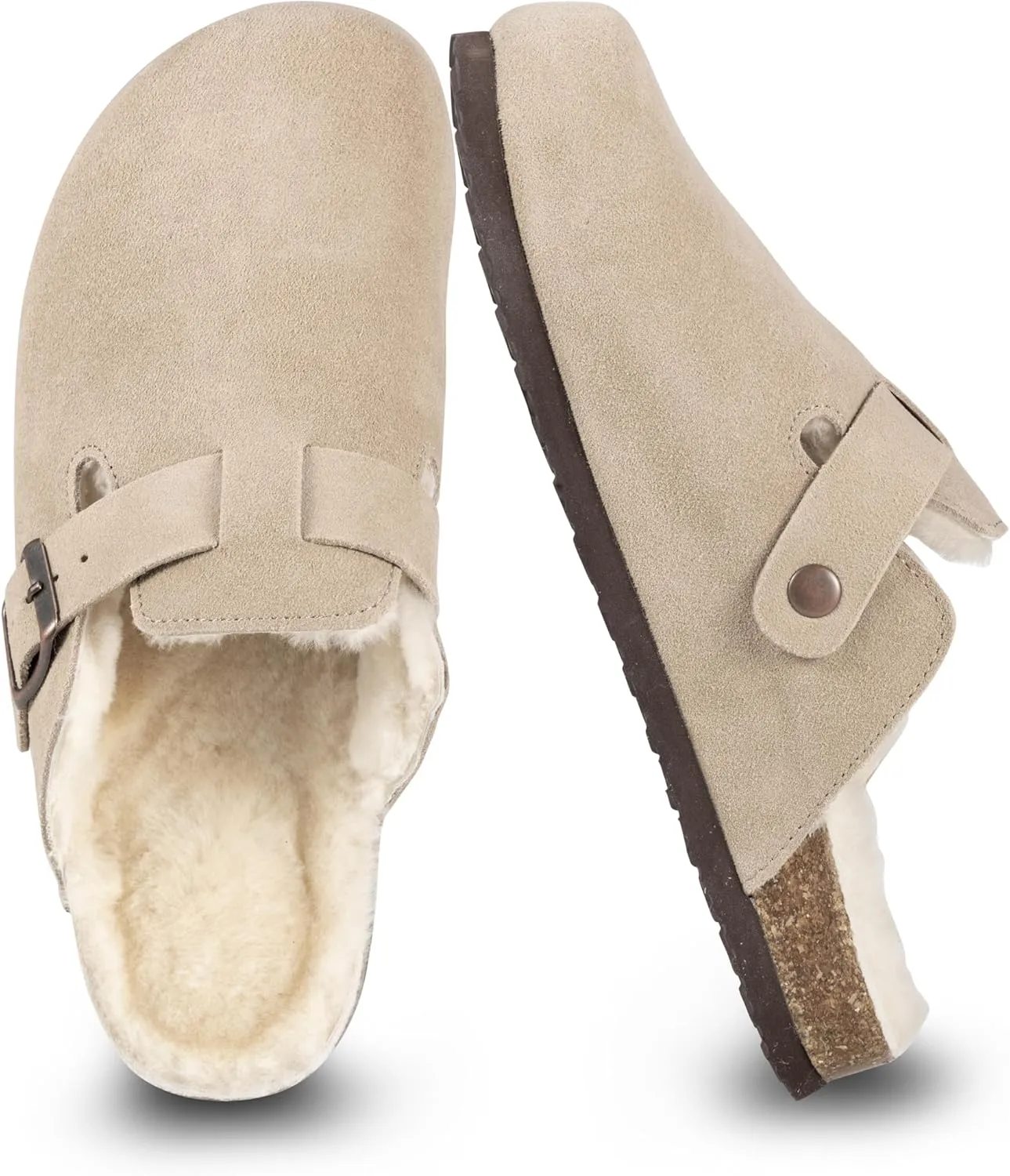 Women's Suede Clogs Slip-On Buckle Slides Leather Mules Cork Footbed Sandals Potato Shoes with Arch Support
