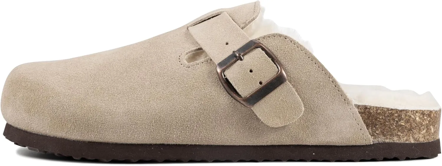 Women's Suede Clogs Slip-On Buckle Slides Leather Mules Cork Footbed Sandals Potato Shoes with Arch Support