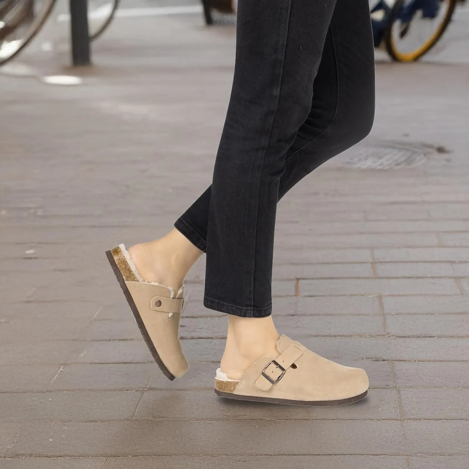 Women's Suede Clogs Slip-On Buckle Slides Leather Mules Cork Footbed Sandals Potato Shoes with Arch Support
