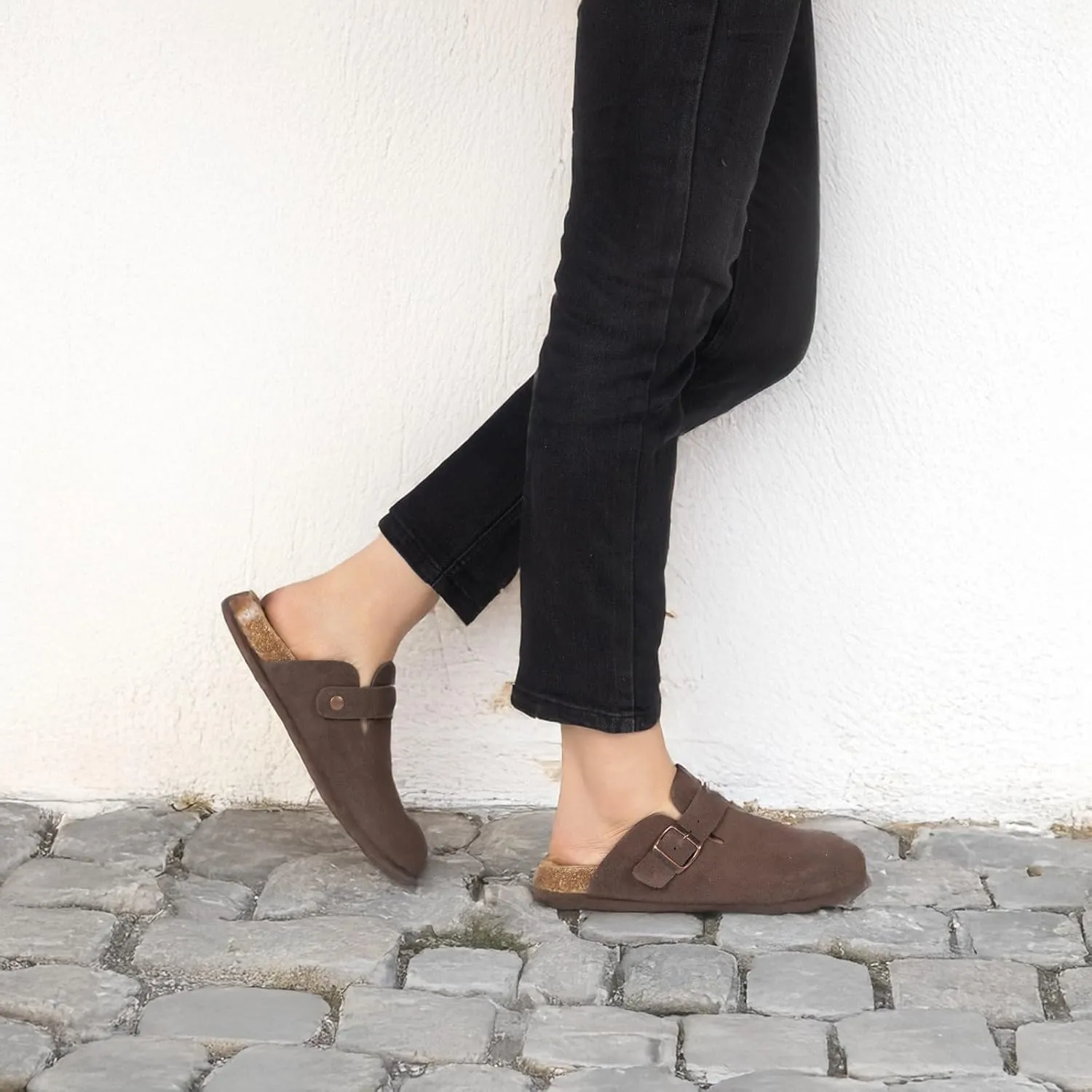 Women's Suede Clogs Slip-On Buckle Slides Leather Mules Cork Footbed Sandals Potato Shoes with Arch Support