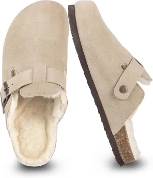 Women's Suede Clogs Slip-On Buckle Slides Leather Mules Cork Footbed Sandals Potato Shoes with Arch Support