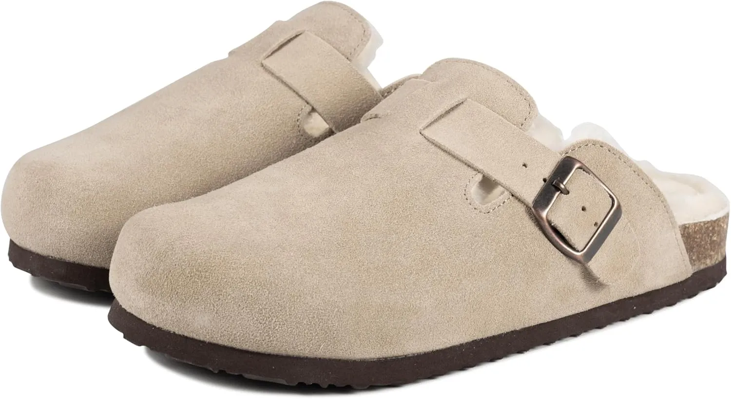 Women's Suede Clogs Slip-On Buckle Slides Leather Mules Cork Footbed Sandals Potato Shoes with Arch Support