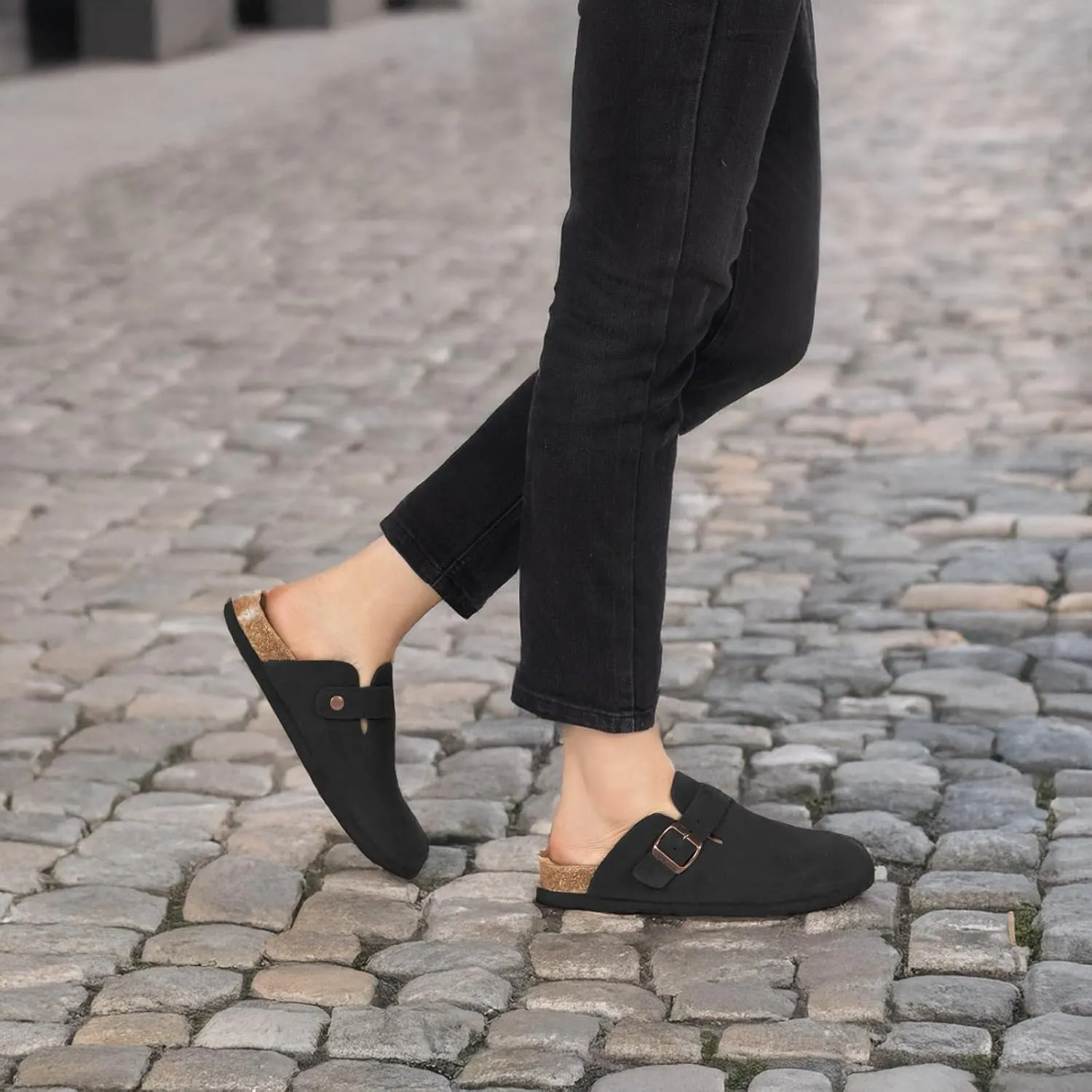 Women's Suede Clogs Slip-On Buckle Slides Leather Mules Cork Footbed Sandals Potato Shoes with Arch Support