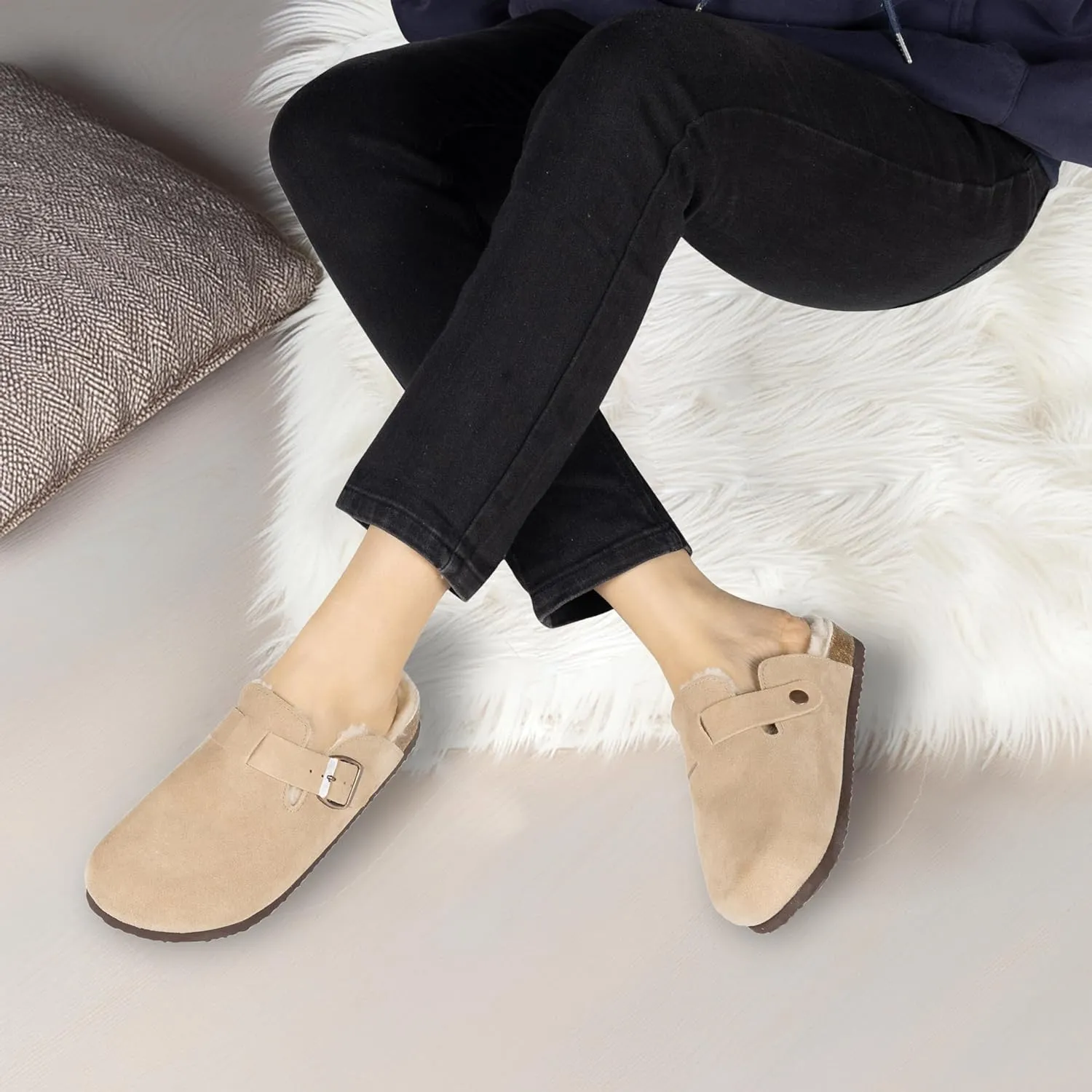 Women's Suede Clogs Slip-On Buckle Slides Leather Mules Cork Footbed Sandals Potato Shoes with Arch Support
