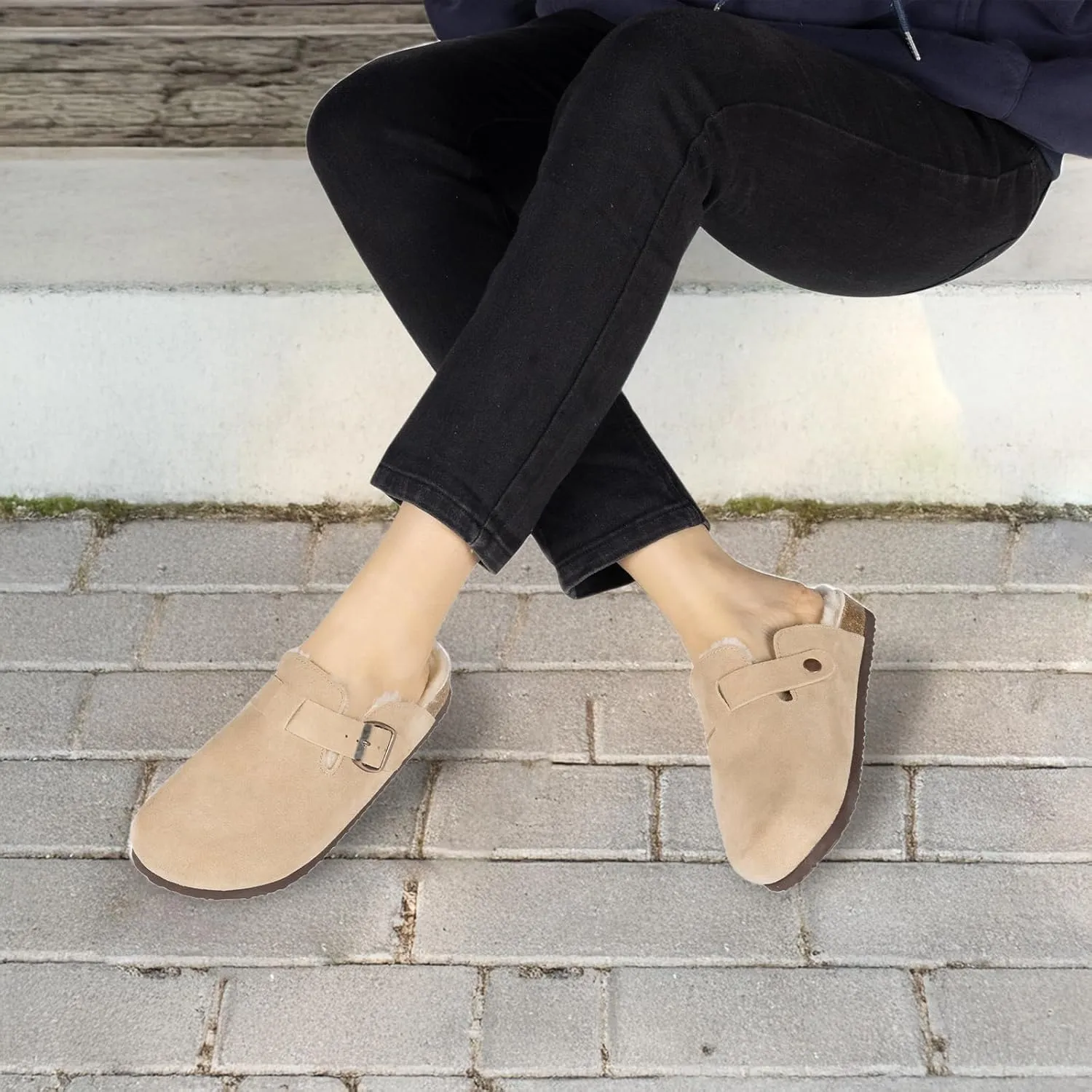Women's Suede Clogs Slip-On Buckle Slides Leather Mules Cork Footbed Sandals Potato Shoes with Arch Support