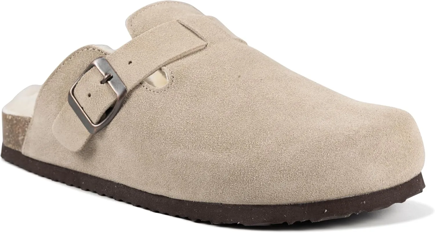 Women's Suede Clogs Slip-On Buckle Slides Leather Mules Cork Footbed Sandals Potato Shoes with Arch Support