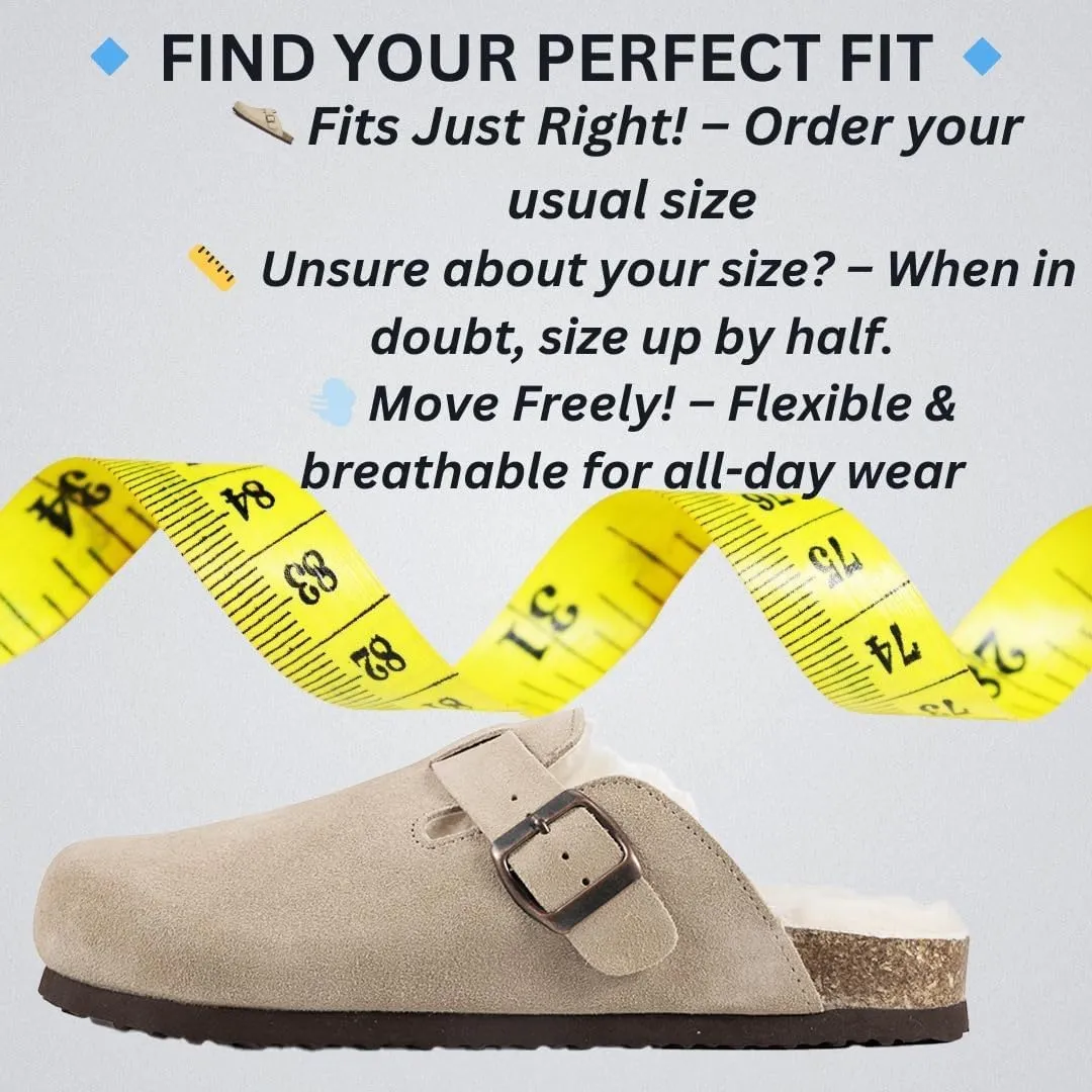 Women's Suede Clogs Slip-On Buckle Slides Leather Mules Cork Footbed Sandals Potato Shoes with Arch Support