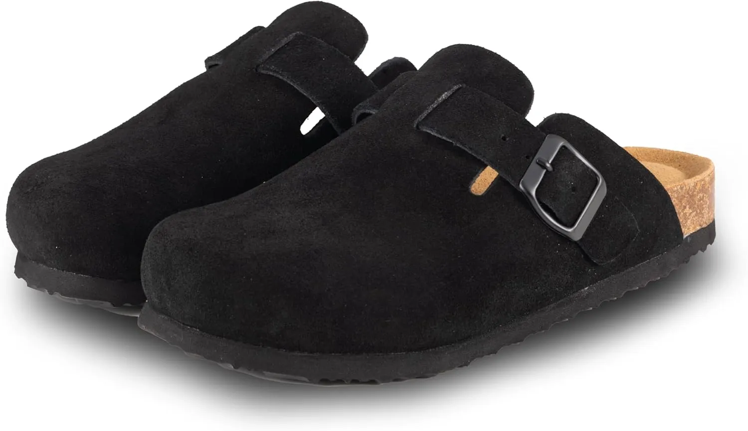 Women's Suede Clogs Slip-On Buckle Slides Leather Mules Cork Footbed Sandals Potato Shoes with Arch Support