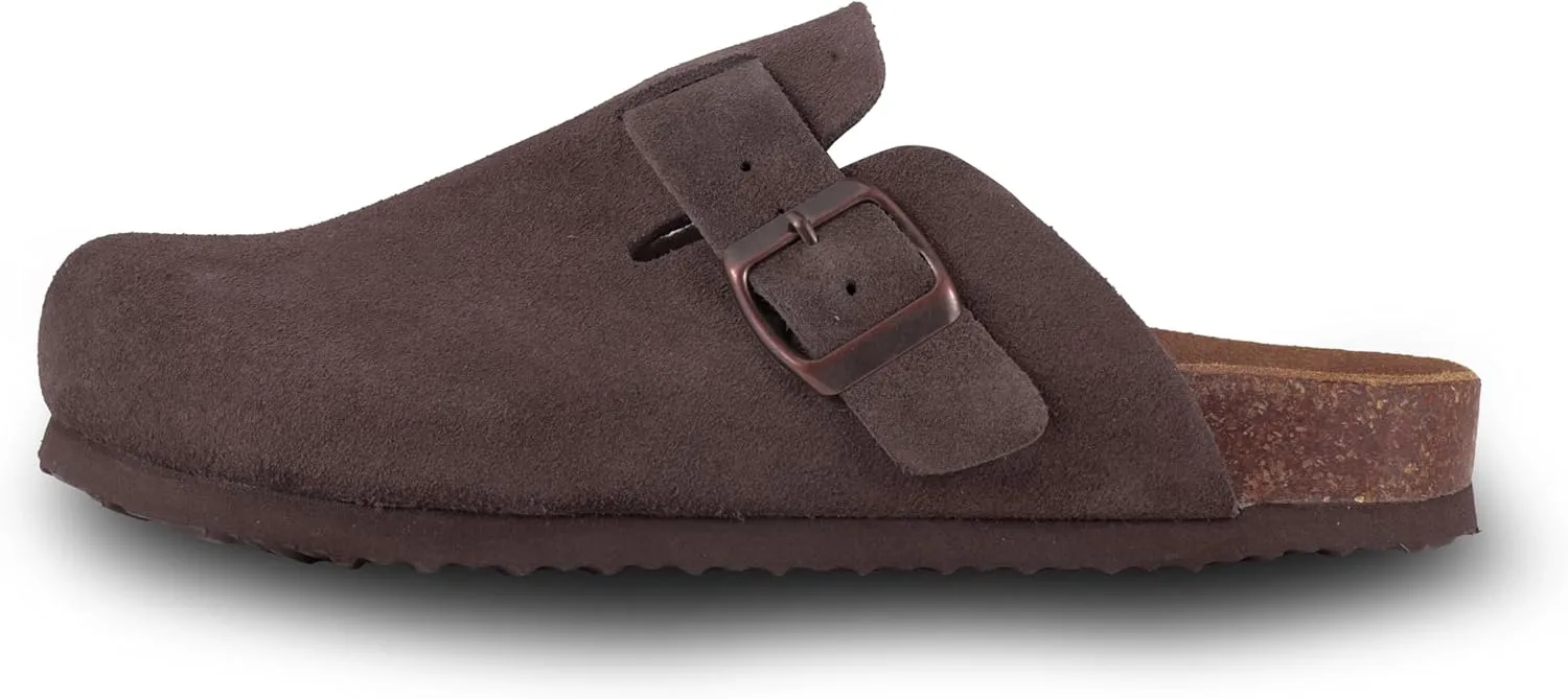 Women's Suede Clogs Slip-On Buckle Slides Leather Mules Cork Footbed Sandals Potato Shoes with Arch Support