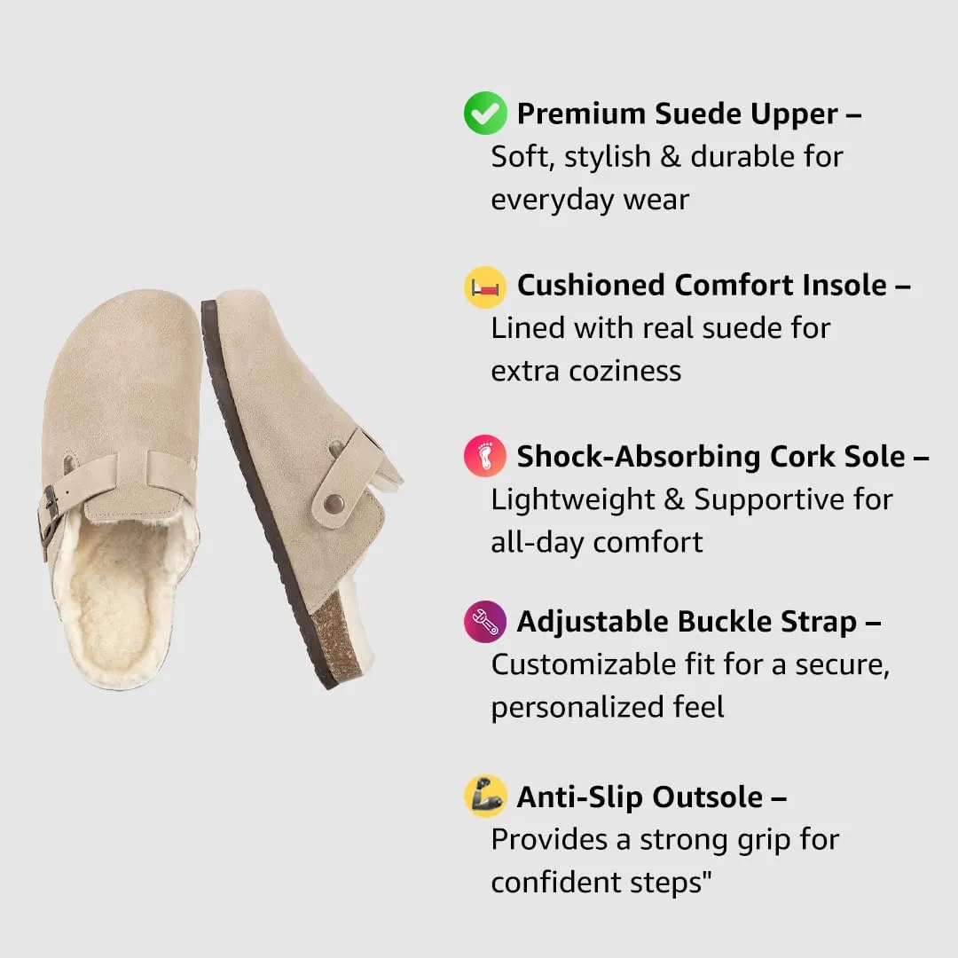 Women's Suede Clogs Slip-On Buckle Slides Leather Mules Cork Footbed Sandals Potato Shoes with Arch Support