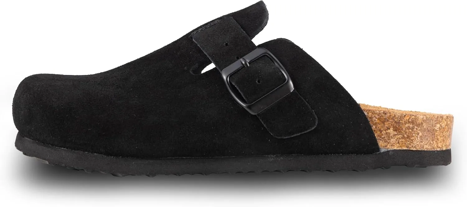 Women's Suede Clogs Slip-On Buckle Slides Leather Mules Cork Footbed Sandals Potato Shoes with Arch Support