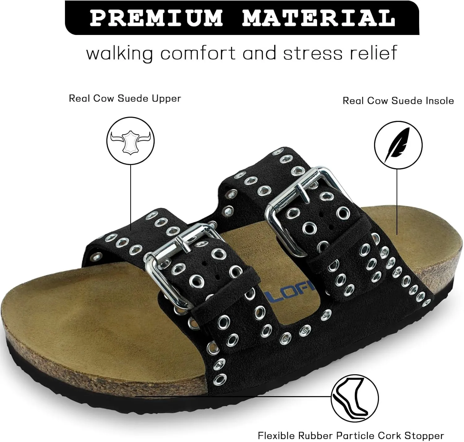 Women's Suede Sandals With Orthopedic Cork Footbed Adjustable Buckle Slides Men's Studded Open Toe Slip On Sandals