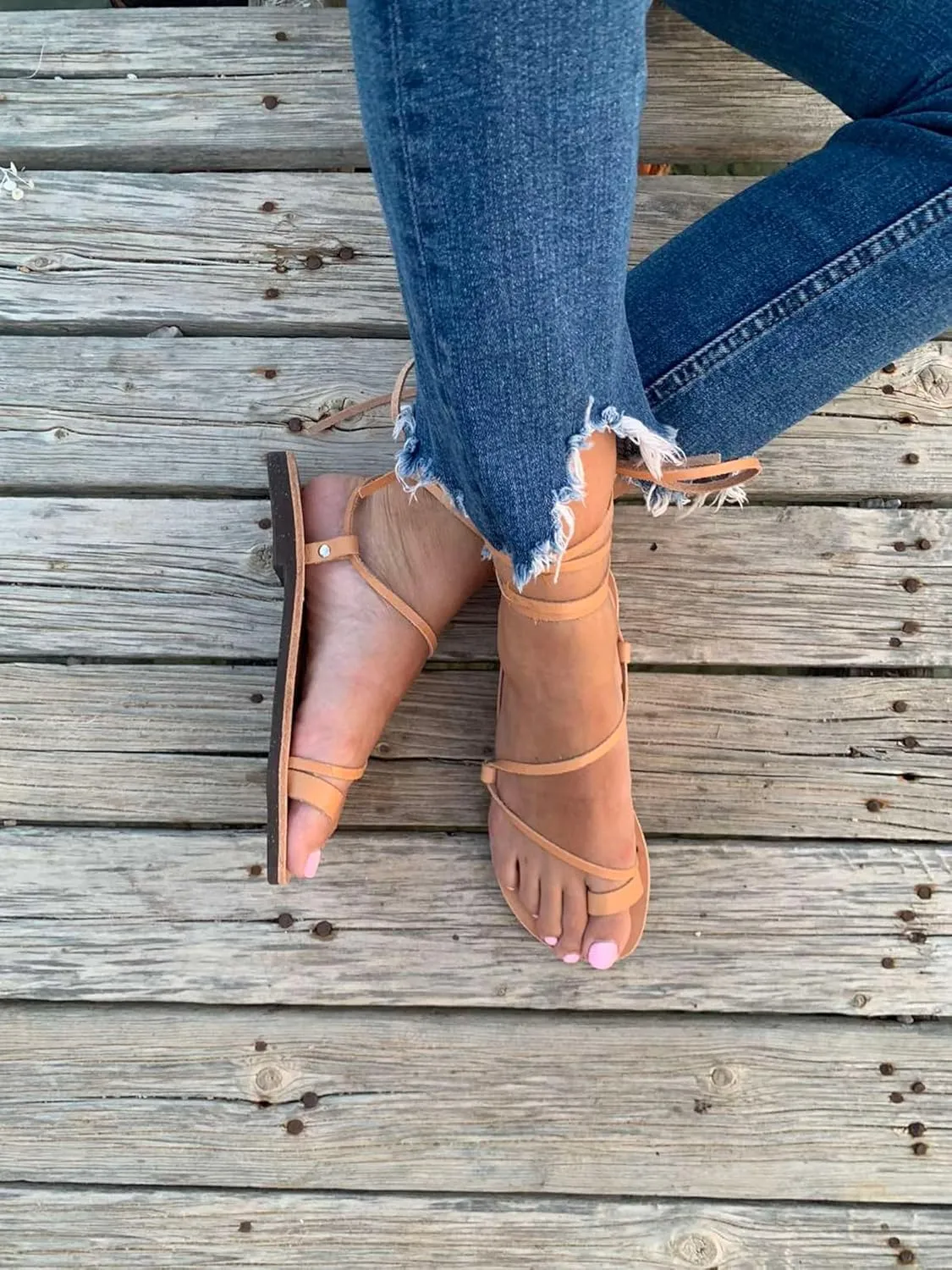 Wrap around lace up black sandals, Greek Sandals, ankle wrap straps, Gladiator sandals, ring toe flats for women, Summer Tie up sandals (US8, Brown)