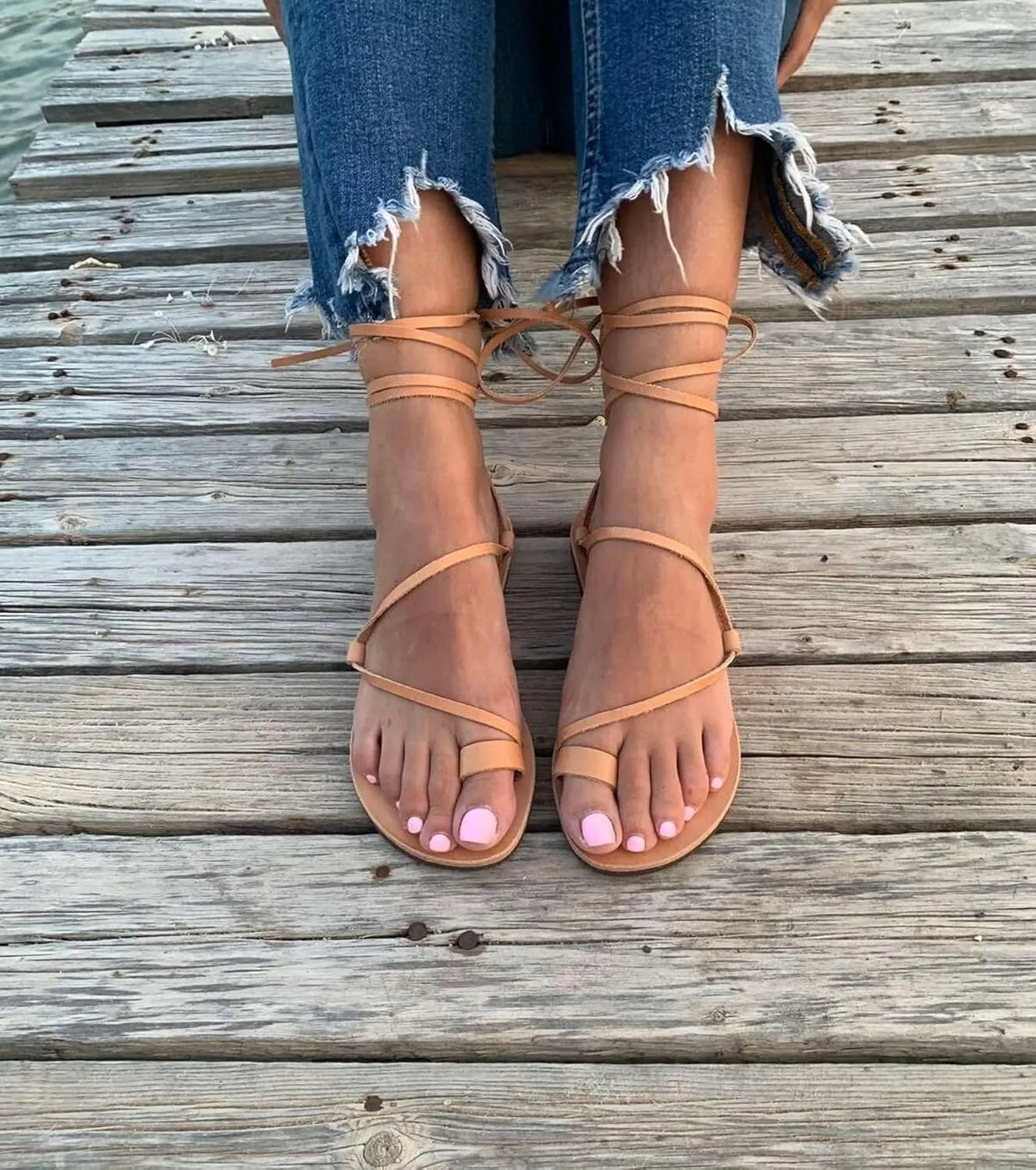 Wrap around lace up black sandals, Greek Sandals, ankle wrap straps, Gladiator sandals, ring toe flats for women, Summer Tie up sandals (US8, Brown)
