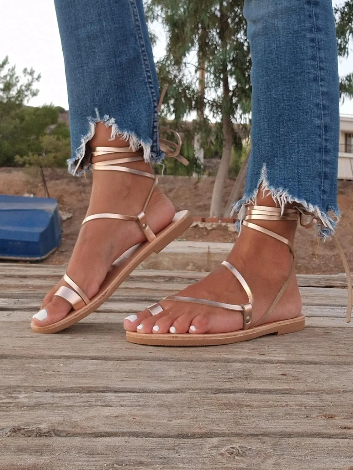 Wrap around lace up black sandals, Greek Sandals, ankle wrap straps, Gladiator sandals, ring toe flats for women, Summer Tie up sandals (US8, Brown)