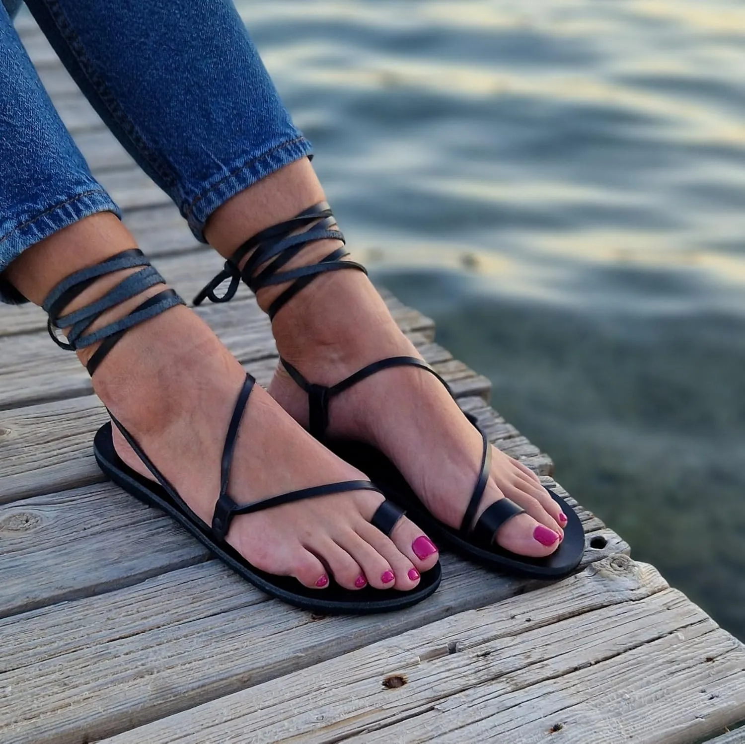 Wrap around lace up black sandals, Greek Sandals, ankle wrap straps, Gladiator sandals, ring toe flats for women, Summer Tie up sandals (US8, Brown)