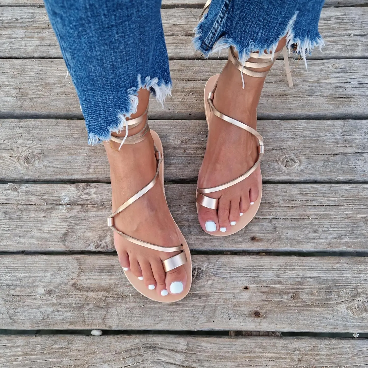 Wrap around lace up black sandals, Greek Sandals, ankle wrap straps, Gladiator sandals, ring toe flats for women, Summer Tie up sandals (US8, Brown)