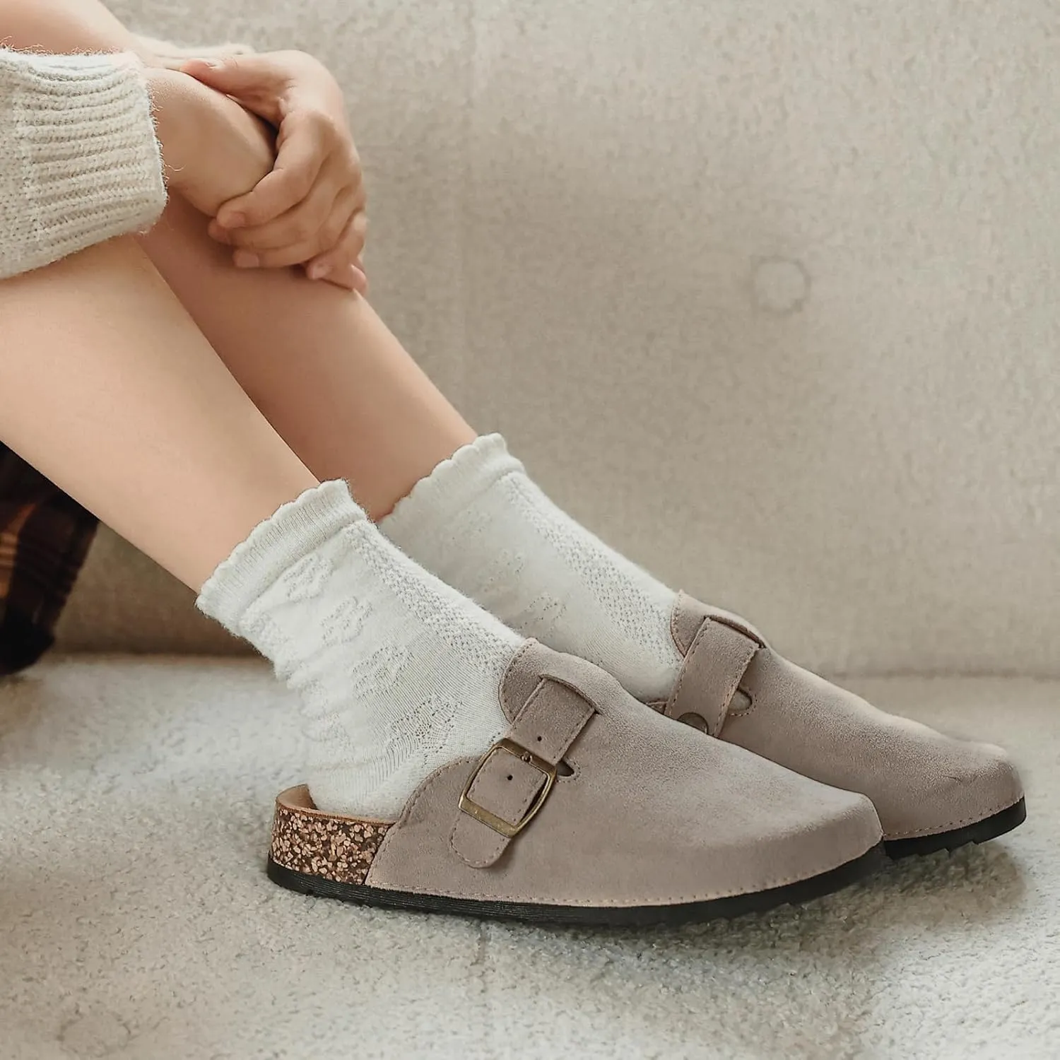 XTJSCBDSH Kids Suede Clogs with Cork Footbed, Toddler Boys Girls Sandals, Adjustable Buckle Slip-On Slippers, Arch Support Mules for Indoor Outdoor