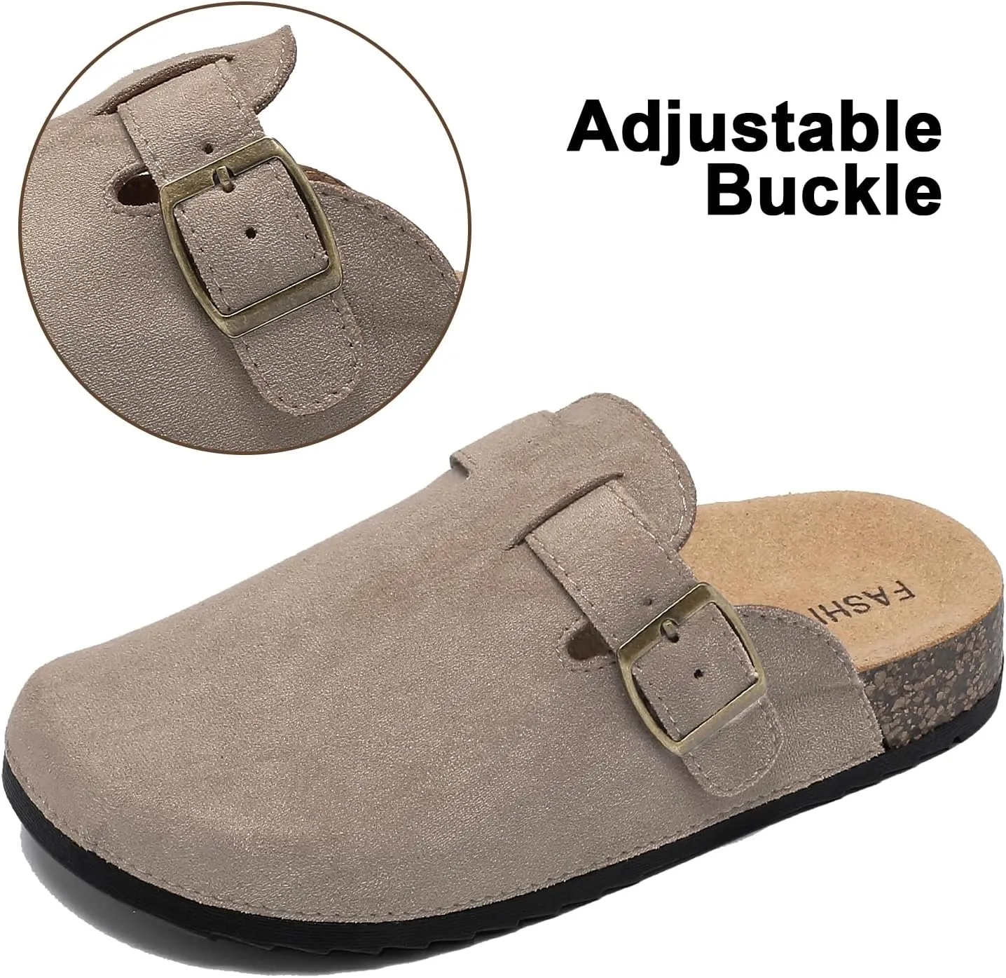 XTJSCBDSH Kids Suede Clogs with Cork Footbed, Toddler Boys Girls Sandals, Adjustable Buckle Slip-On Slippers, Arch Support Mules for Indoor Outdoor