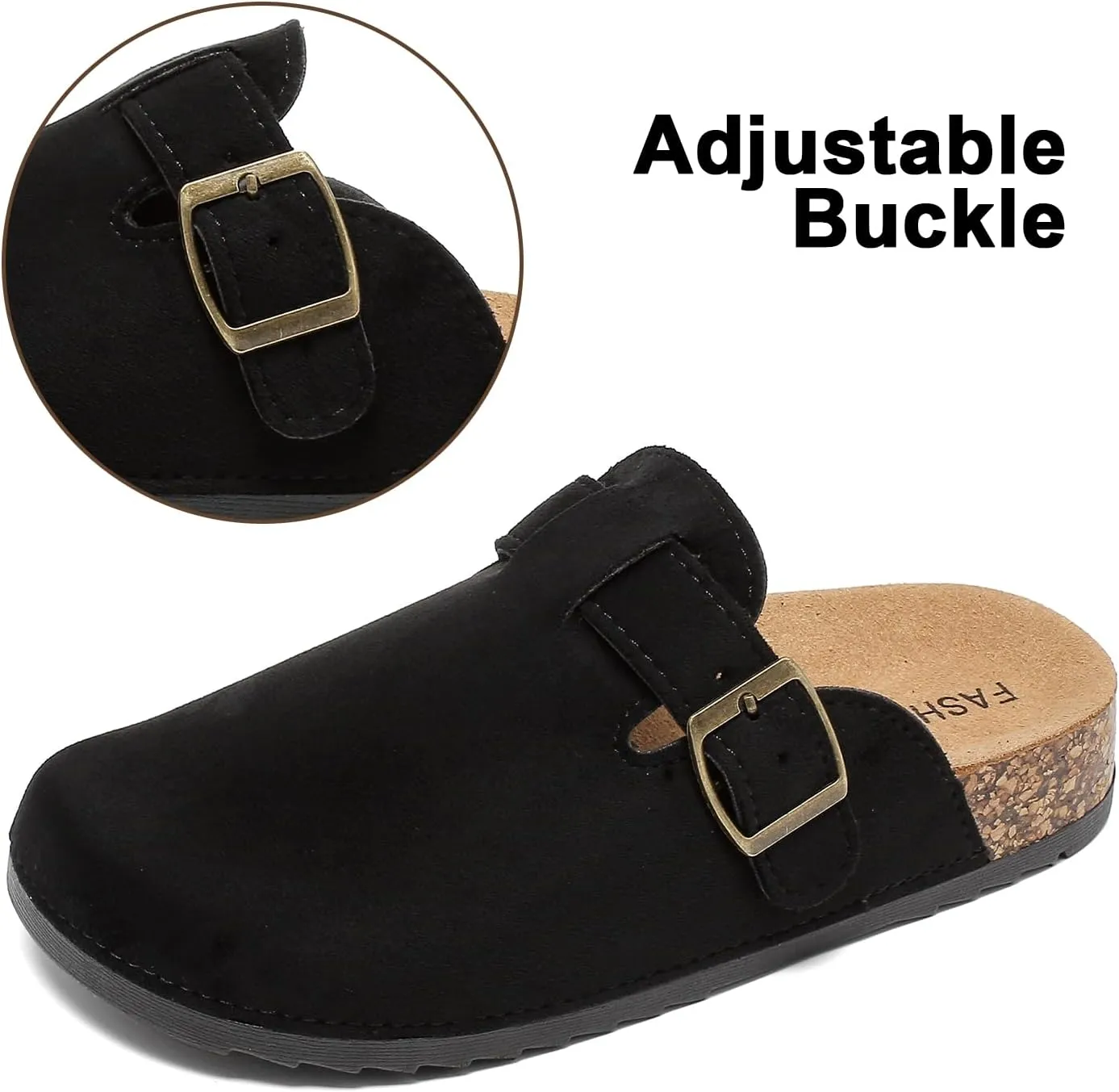 XTJSCBDSH Kids Suede Clogs with Cork Footbed, Toddler Boys Girls Sandals, Adjustable Buckle Slip-On Slippers, Arch Support Mules for Indoor Outdoor
