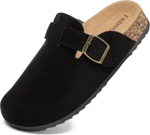 XTJSCBDSH Kids Suede Clogs with Cork Footbed, Toddler Boys Girls Sandals, Adjustable Buckle Slip-On Slippers, Arch Support Mules for Indoor Outdoor