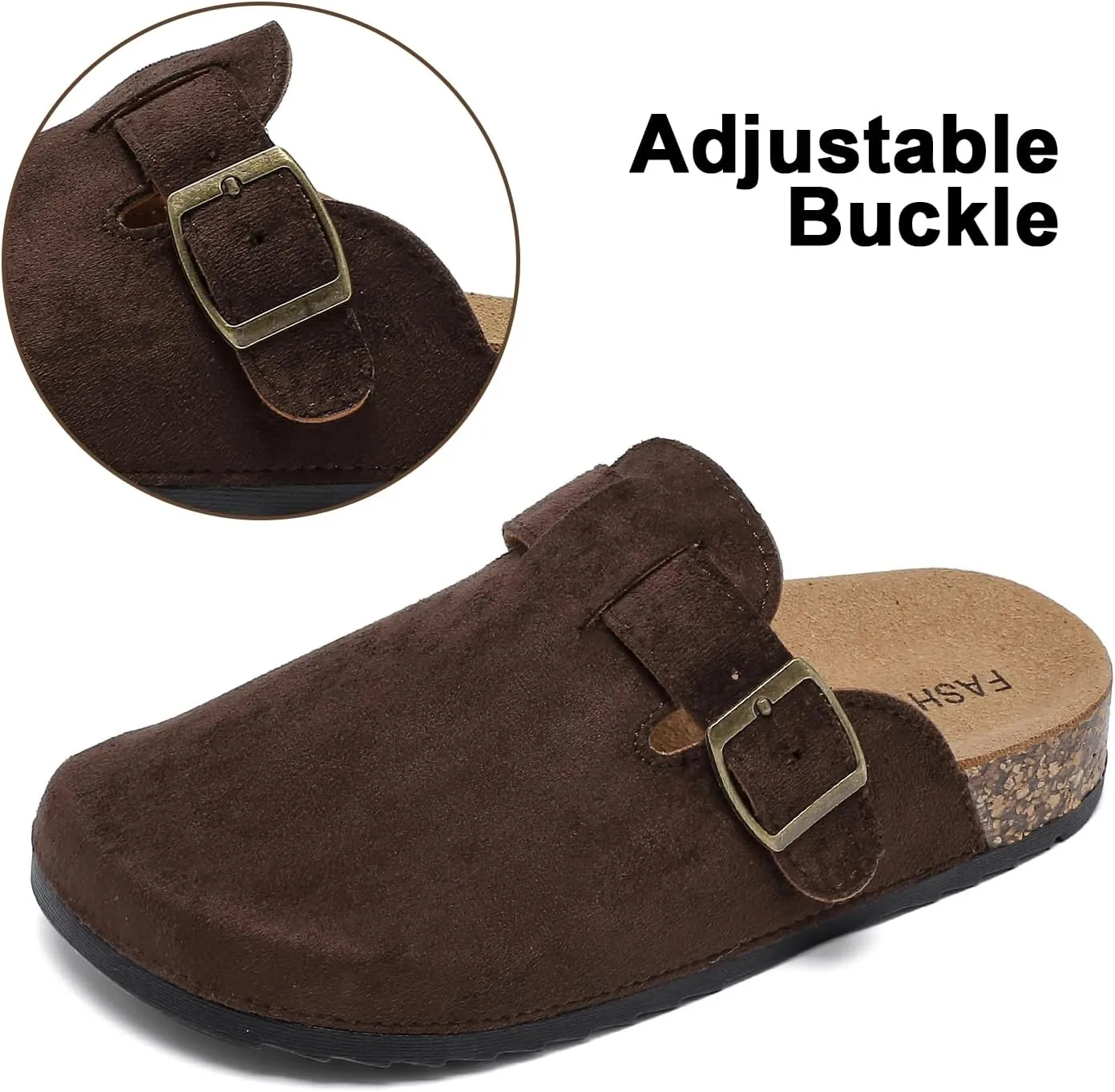 XTJSCBDSH Kids Suede Clogs with Cork Footbed, Toddler Boys Girls Sandals, Adjustable Buckle Slip-On Slippers, Arch Support Mules for Indoor Outdoor