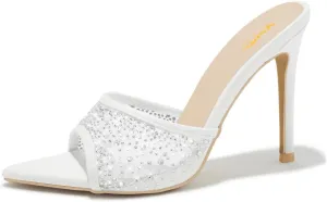XYD Women Pointed Open Toe Mules Stiletto High Heels Sheer Mesh Sandals with Crystal Studs Wedding Fashion Shoes