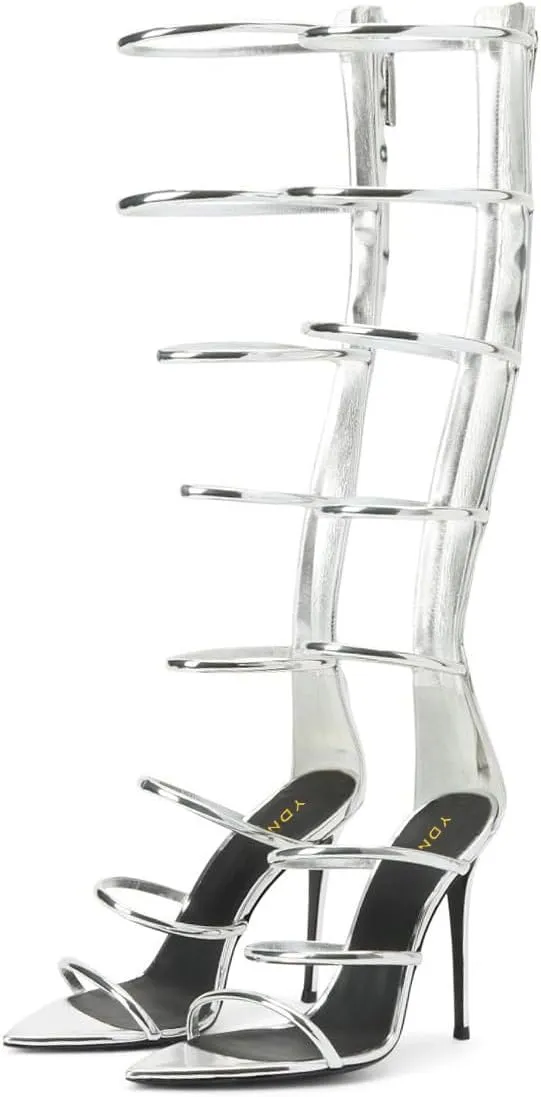 YDN Women Dressy Gladiator Strap Sandals Pointed Open Toe Knee High Boots Zippers Stiletto High Heels Shoes Party Daily Size 4-15 US