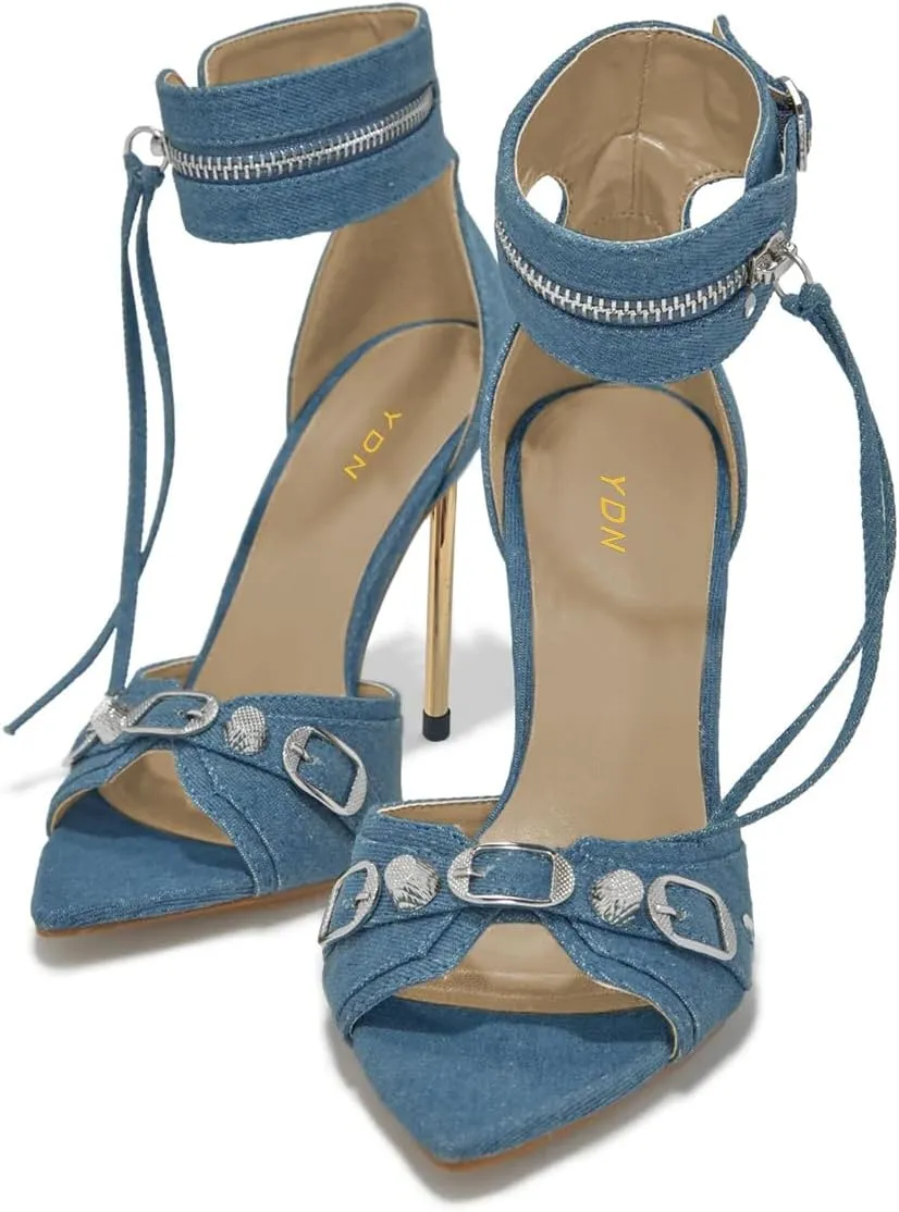 YDN Women Fashion Rivet Sandals Pointed Open Toe Buckle Ankle Strap Metal Stiletto High Heels Shoes Shopping Party Daily Size 4-16 US