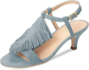 YDN Women Kitten Heel Fringes Slingback Sandals Open Toe Ankle Strap Dress Shoes with Buckle