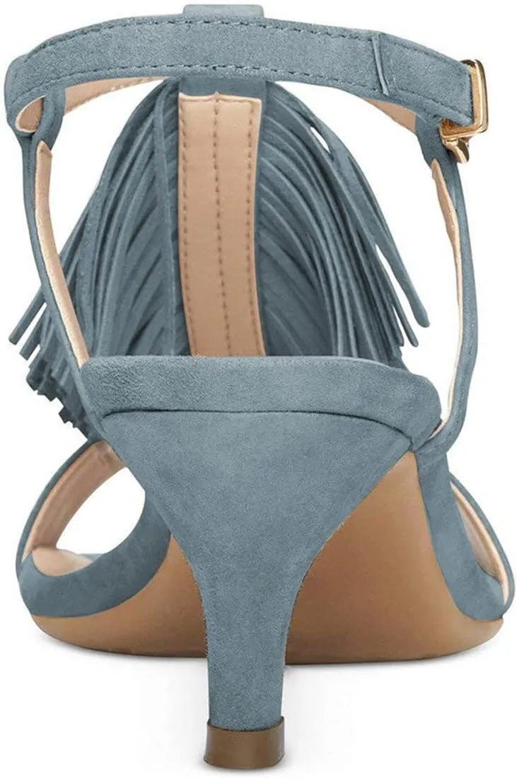YDN Women Kitten Heel Fringes Slingback Sandals Open Toe Ankle Strap Dress Shoes with Buckle