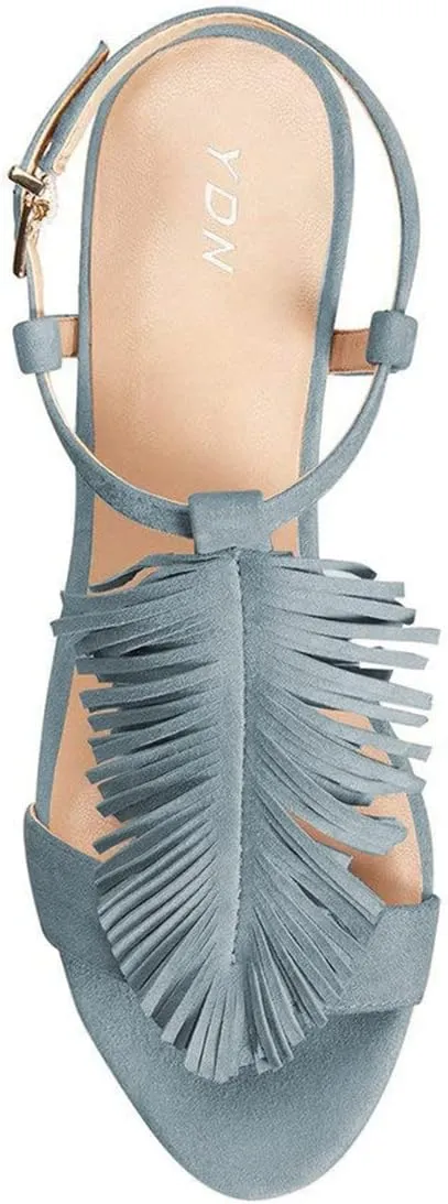 YDN Women Kitten Heel Fringes Slingback Sandals Open Toe Ankle Strap Dress Shoes with Buckle