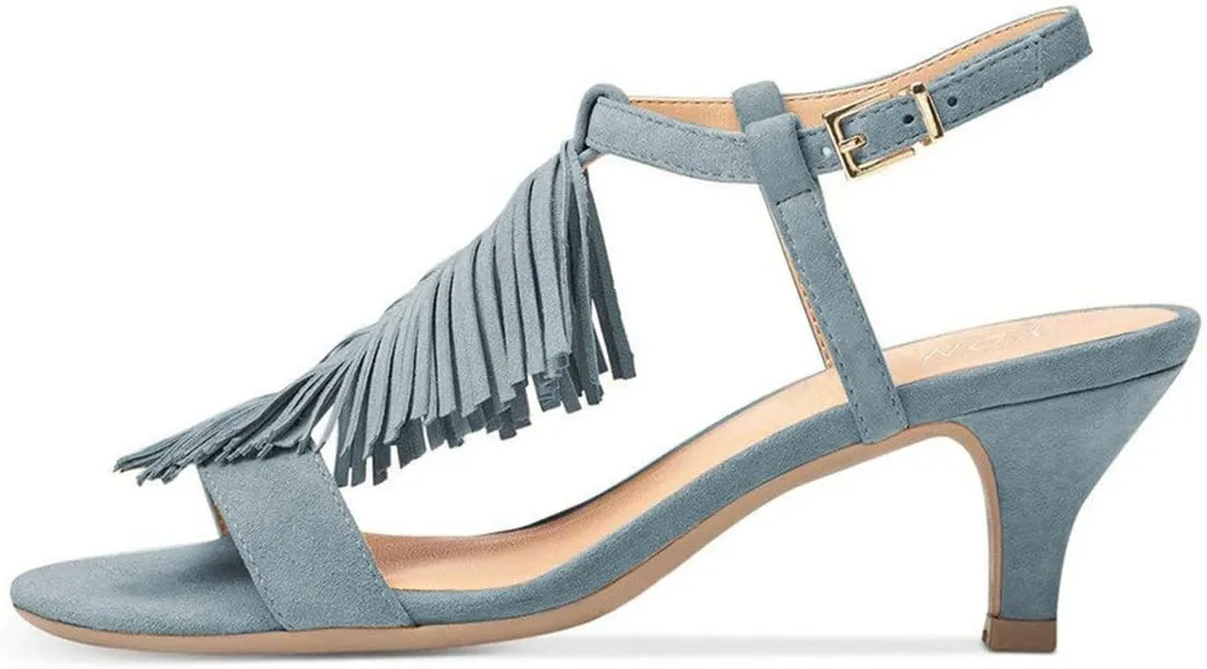 YDN Women Kitten Heel Fringes Slingback Sandals Open Toe Ankle Strap Dress Shoes with Buckle