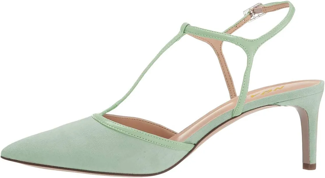 YDN Women T-Strap Pointed Toe Mid Kitten Heel Pumps Slingback Ankle Strap Sandals with Buckle Dress Office Shoes